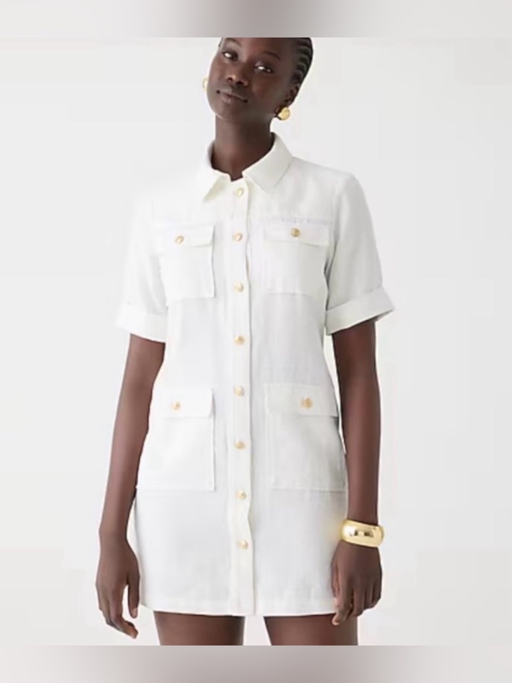 NWT J. Crew White Short-Sleeve Linen WhiteUtility Dress with Gold Buttons, Sz 10